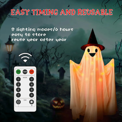 5 Ft 2 Packs Large Light-Up Ghosts with Witch Hat