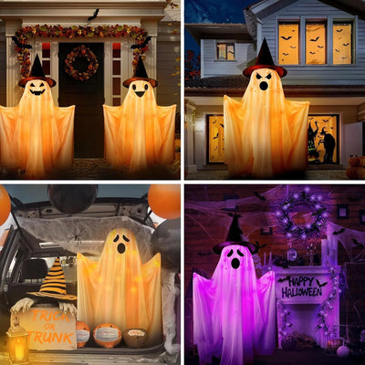 5 Ft 2 Packs Large Light-Up Ghosts with Witch Hat