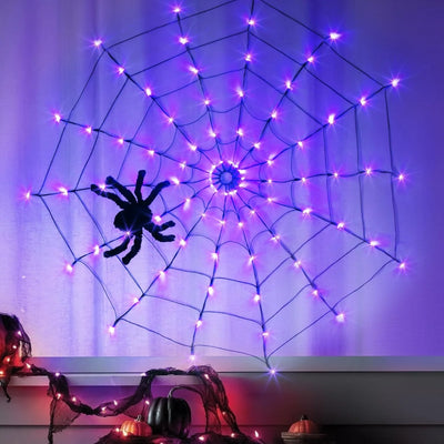 84 LED Spider Web Lights with Black Spider Halloween Decoration